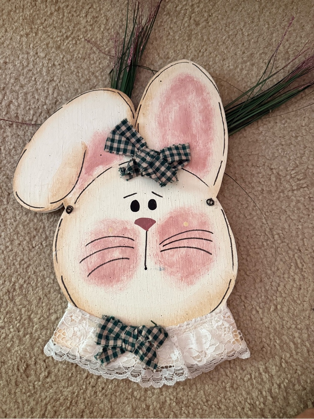 Wooden Pink Bunny door hanger  with Lace and Plaid Bows